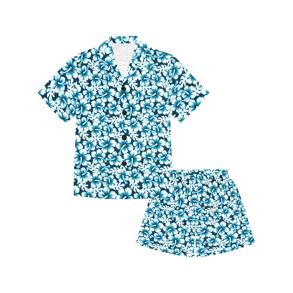 Hibiscus Pattern Print Design 04 Kids' Boys' Girls' V-Neck Short Pajama Set
