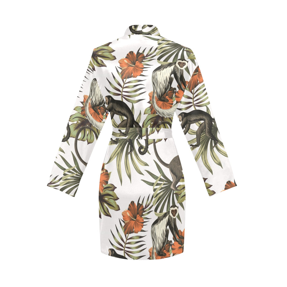 Monkey red hibiscus flower palm leaves floral patt Women's Long Sleeve Belted Night Robe