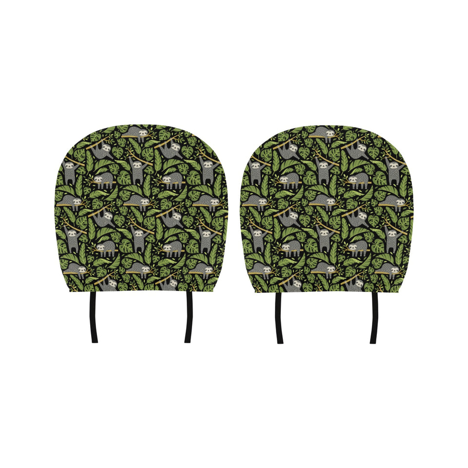 Cute sloths tropical palm leaves black background Car Headrest Cover