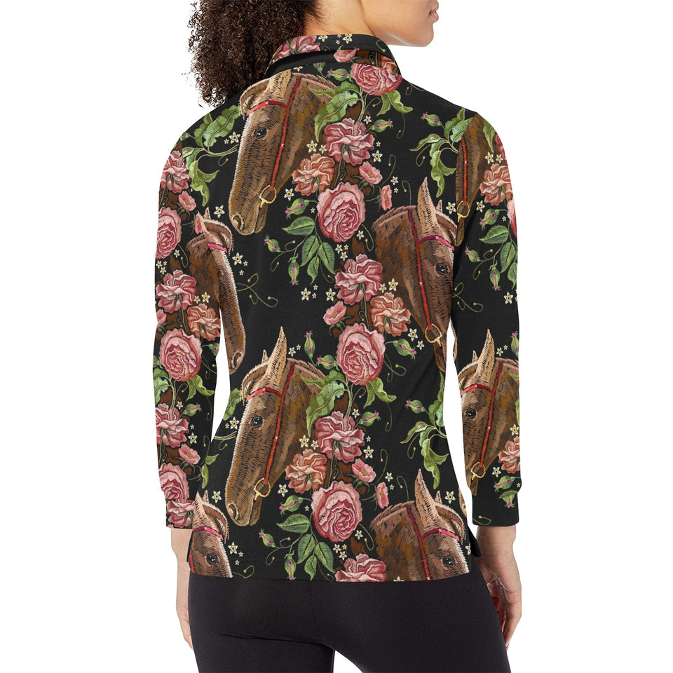 Horse head wild roses pattern Women's Long Sleeve Polo Shirt