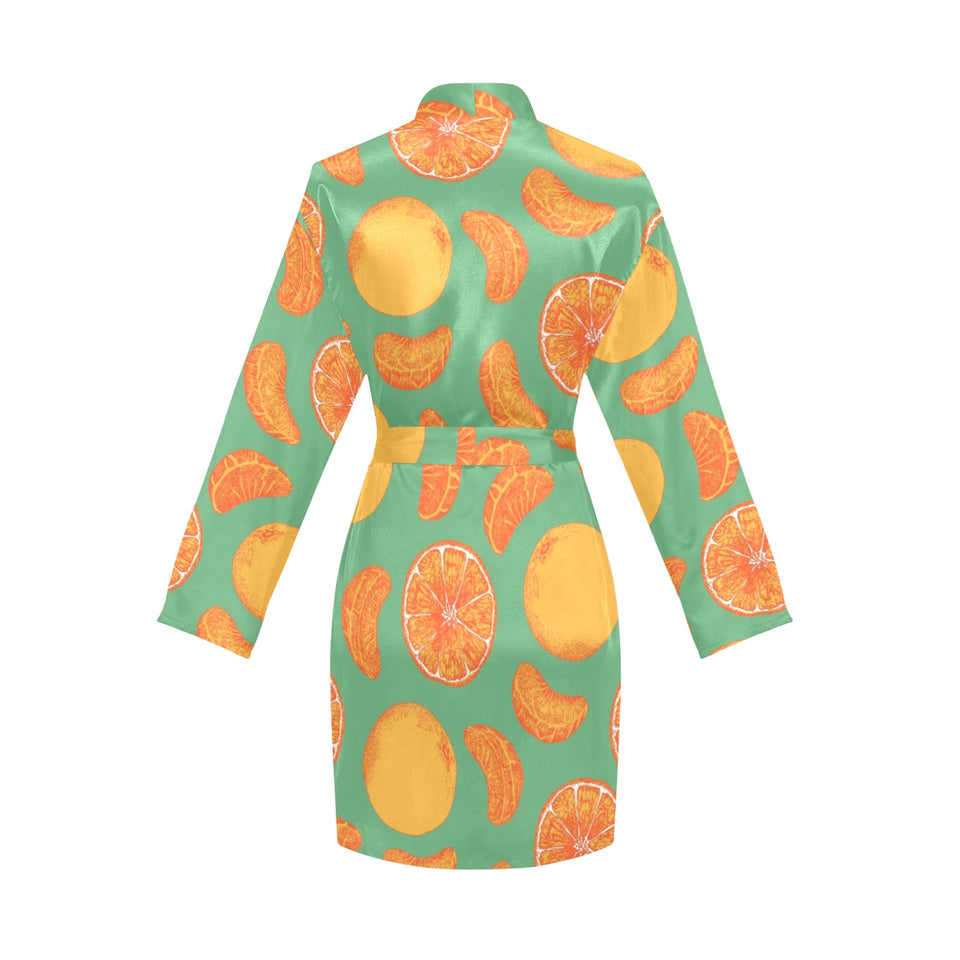 orange fruit pattern green background Women's Long Sleeve Belted Night Robe