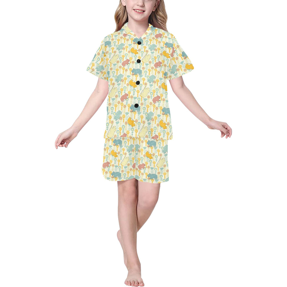 Hippopotamus Pattern Print Design 04 Kids' Boys' Girls' V-Neck Short Pajama Set