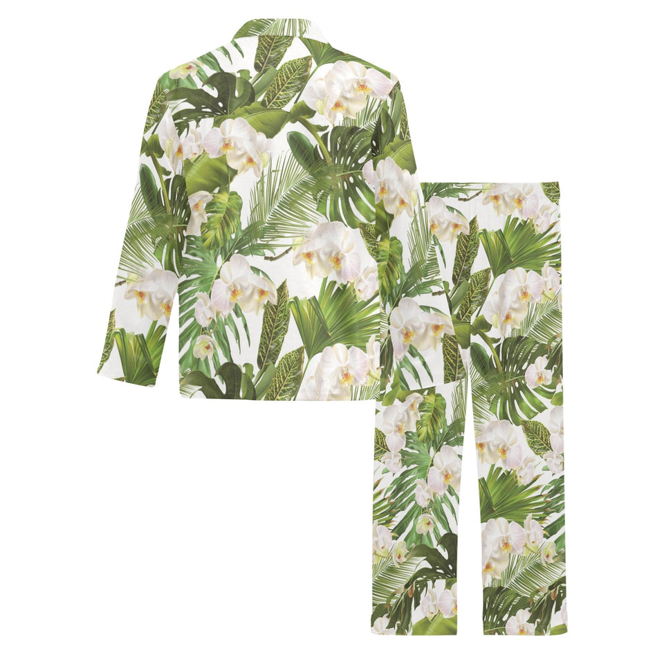 White orchid flower tropical leaves pattern Men's Long Pajama Set