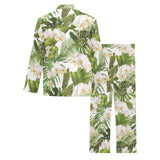 White orchid flower tropical leaves pattern Men's Long Pajama Set
