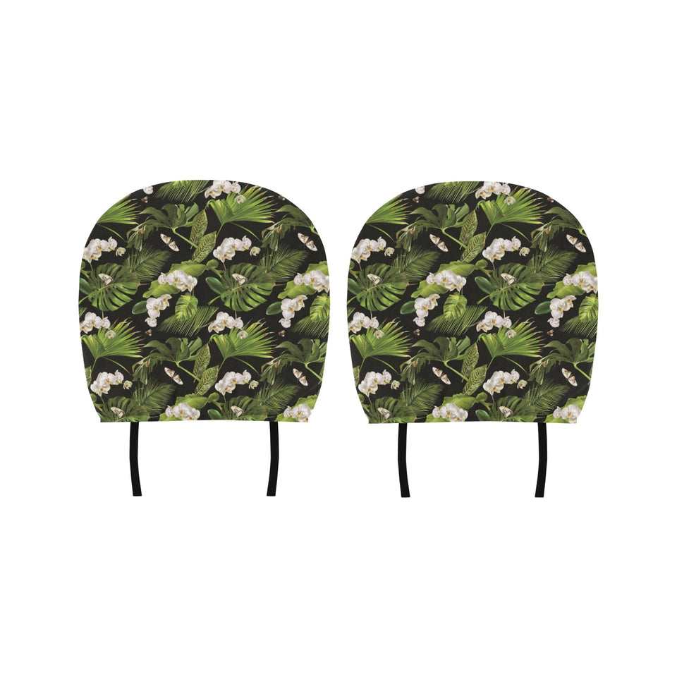 White orchid flower tropical leaves pattern blackg Car Headrest Cover