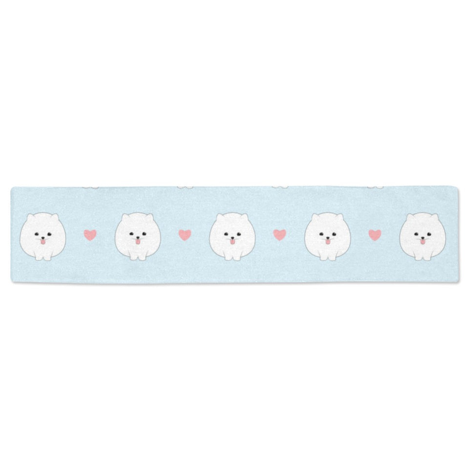 White cute pomeranian pattern Table Runner