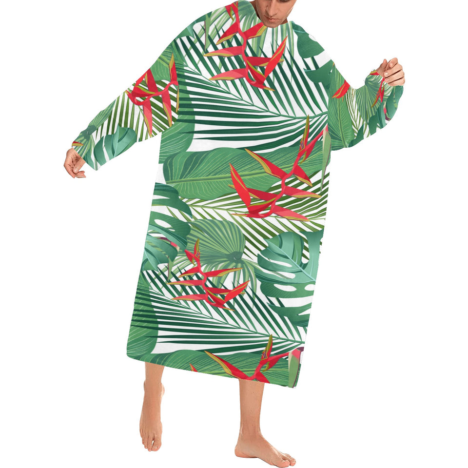 heliconia palm and monstera leaves pattern Blanket Robe with Sleeves