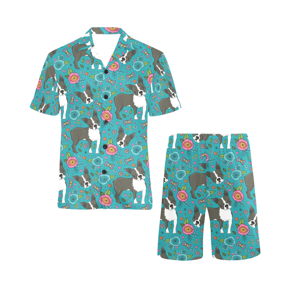 Boston terrier beautiful flower pattern Men's V-Neck Short Pajama Set