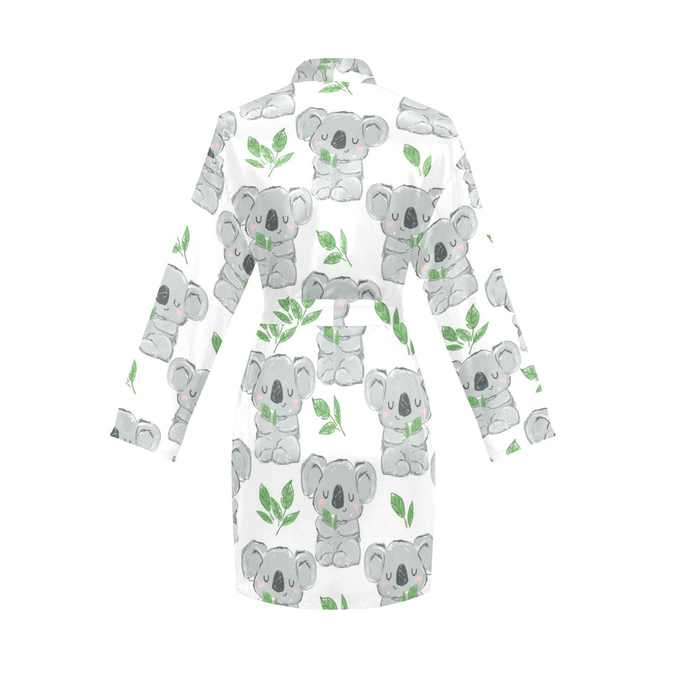 Hand drawn Koala leaves pattern Women's Long Sleeve Belted Night Robe