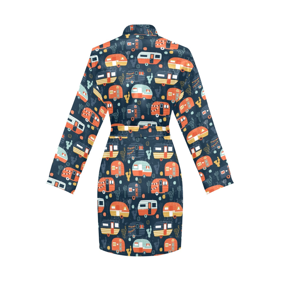 Camper Van Pattern Print Design 05 Women's Long Sleeve Belted Night Robe