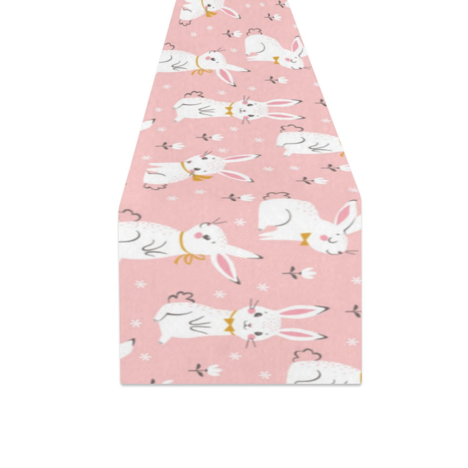 Cute white rabbit flower pink background Table Runner