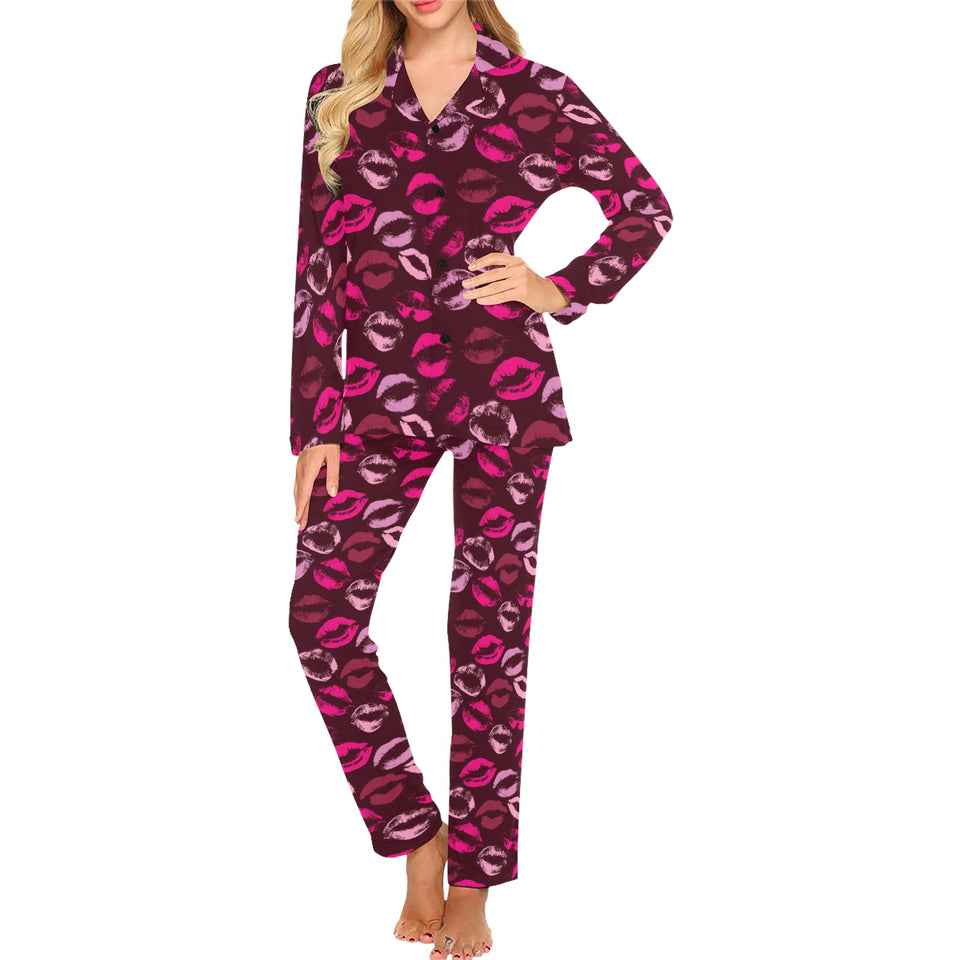 Lips Pattern Print Design 03 Women's Long Pajama Set