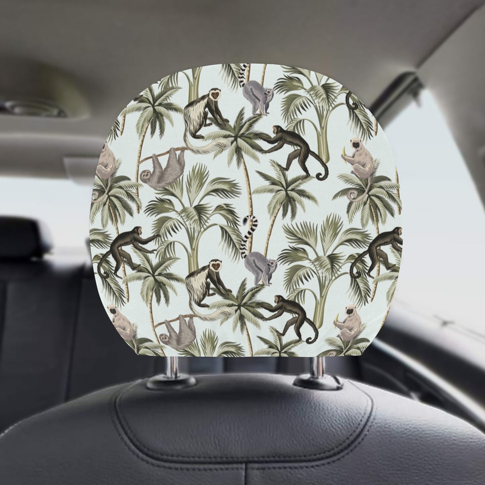 Monkey sloth lemur palm trees pattern Car Headrest Cover