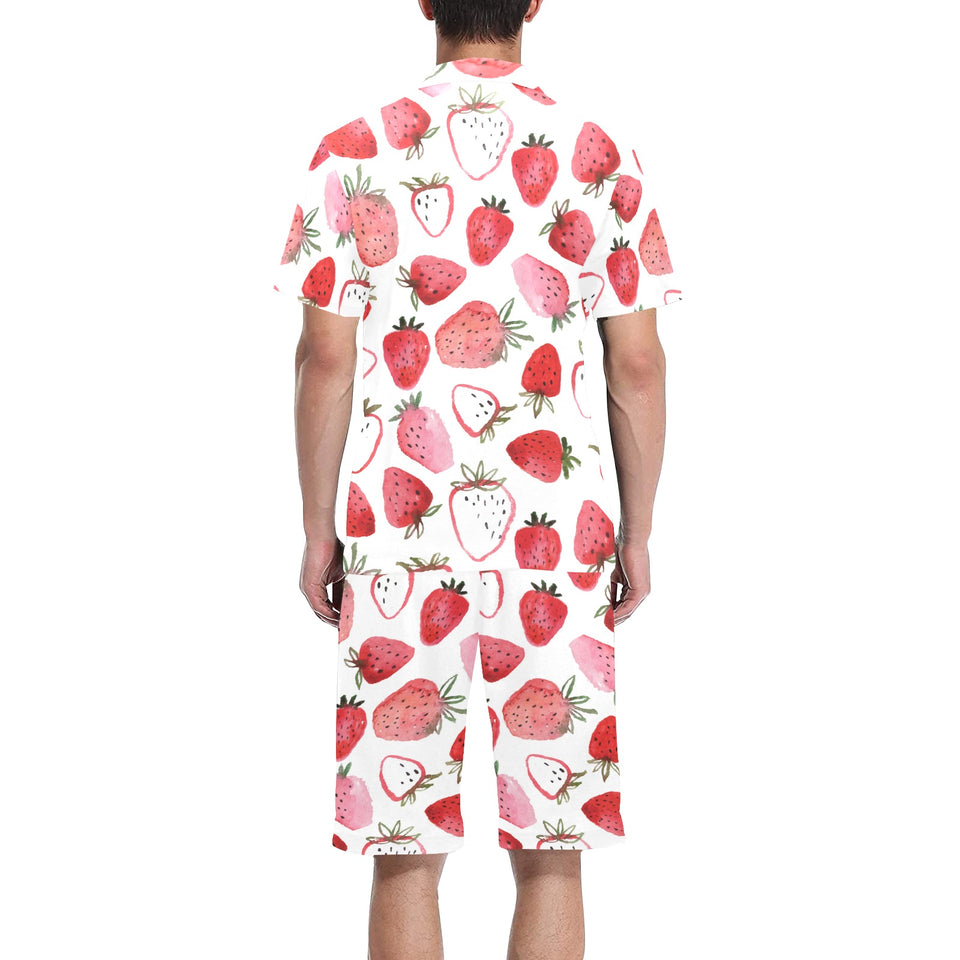 watercolor hand drawn beautiful strawberry pattern Men's V-Neck Short Pajama Set