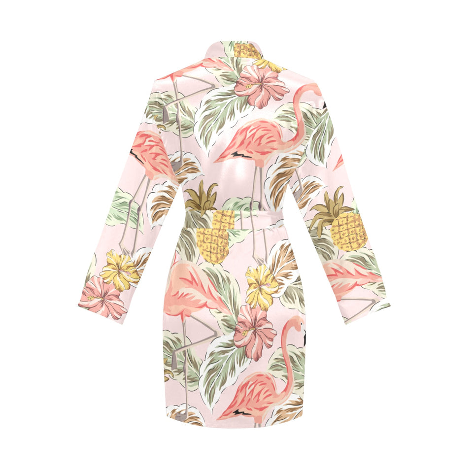 Pink flamingo birds pineapples hibiscus flower pat Women's Long Sleeve Belted Night Robe