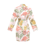 Pink flamingo birds pineapples hibiscus flower pat Women's Long Sleeve Belted Night Robe