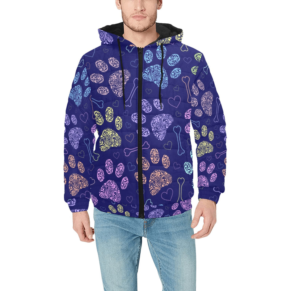 Dog Paws Pattern Print Design 02 Men's Padded Hooded Jacket