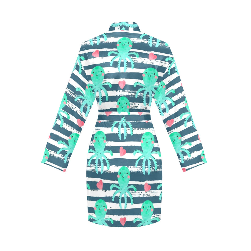 Cute octopuses heart striped background Women's Long Sleeve Belted Night Robe