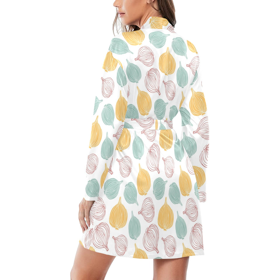 colorful onions white background Women's Long Sleeve Belted Night Robe