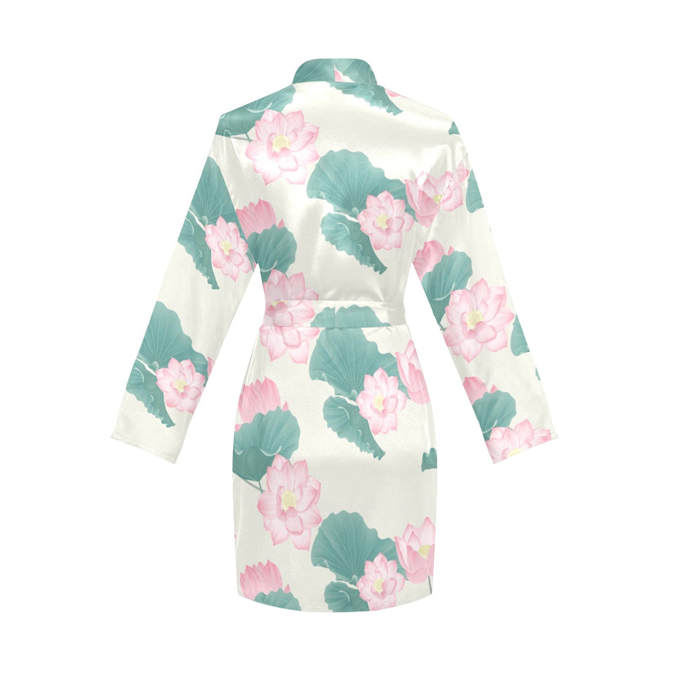 Pink lotus waterlily leaves pattern Women's Long Sleeve Belted Night Robe