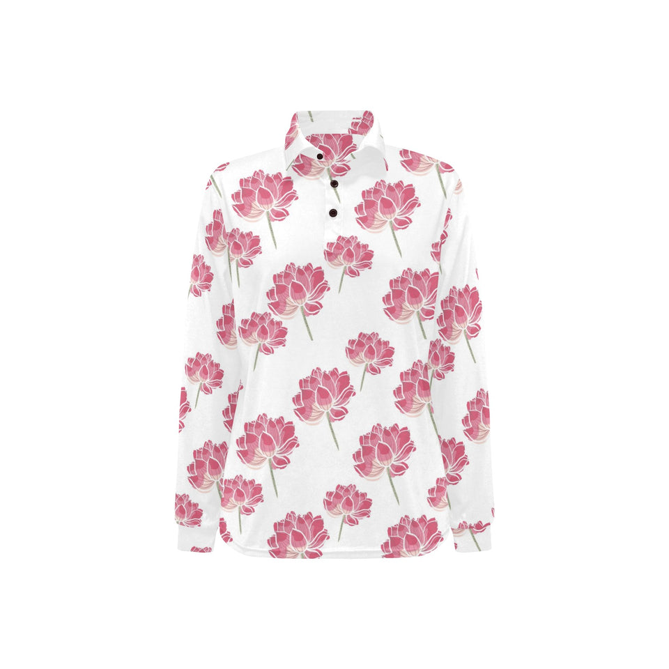 Pink lotus waterlily pattern Women's Long Sleeve Polo Shirt