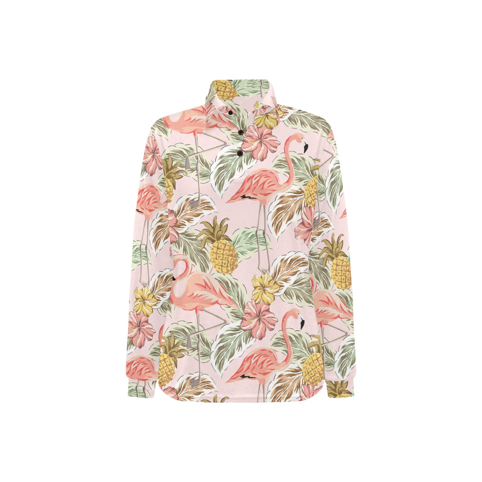 Pink flamingo birds pineapples hibiscus flower pat Women's Long Sleeve Polo Shirt