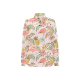 Pink flamingo birds pineapples hibiscus flower pat Women's Long Sleeve Polo Shirt