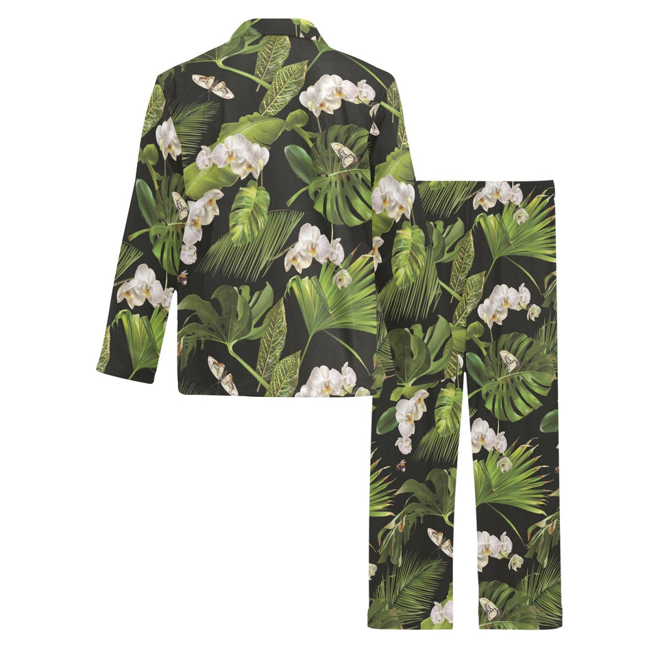 White orchid flower tropical leaves pattern blackg Men's Long Pajama Set