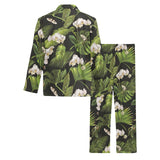 White orchid flower tropical leaves pattern blackg Men's Long Pajama Set