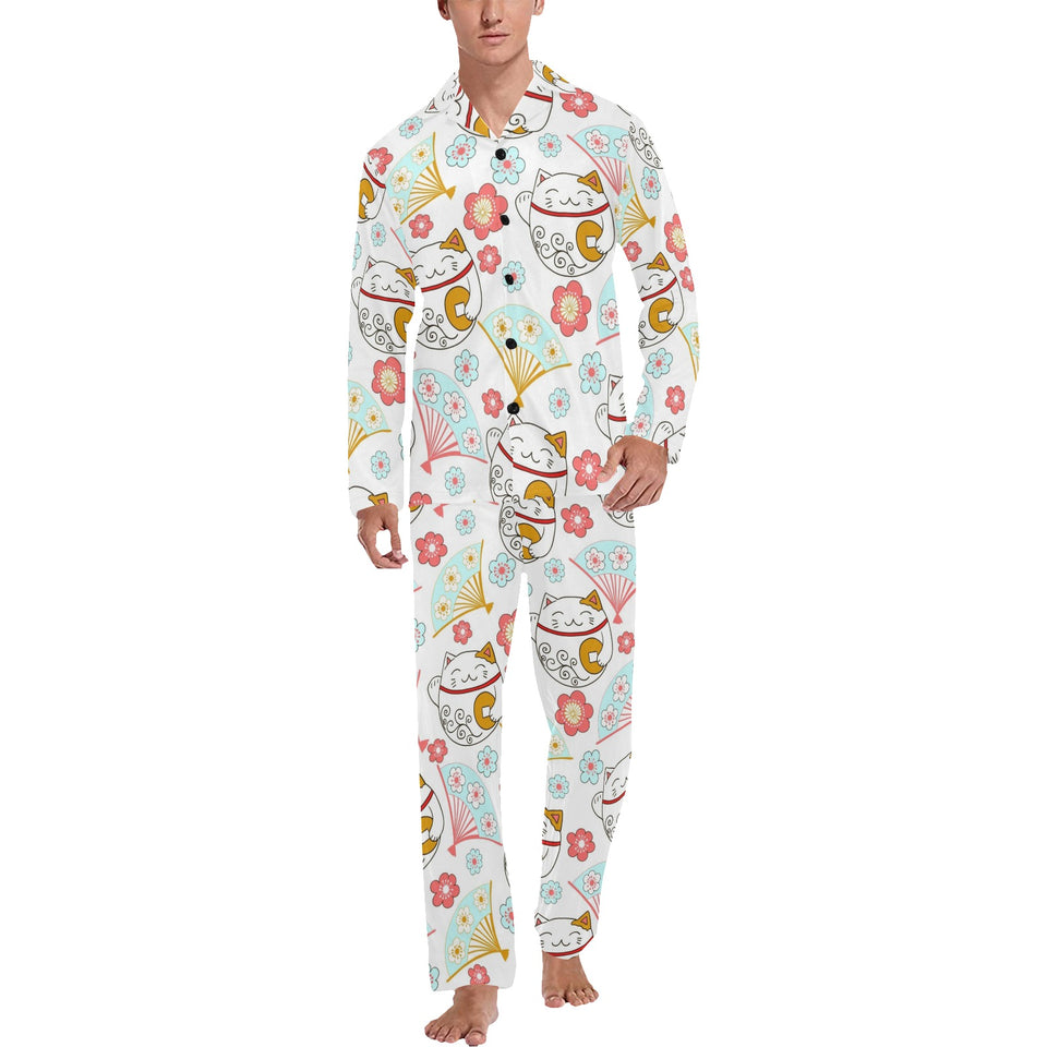 Maneki neko cat fan sakura Men's Long Pajama Set