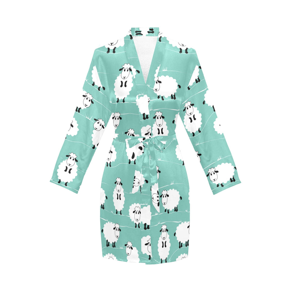 Cute sheep green background Women's Long Sleeve Belted Night Robe