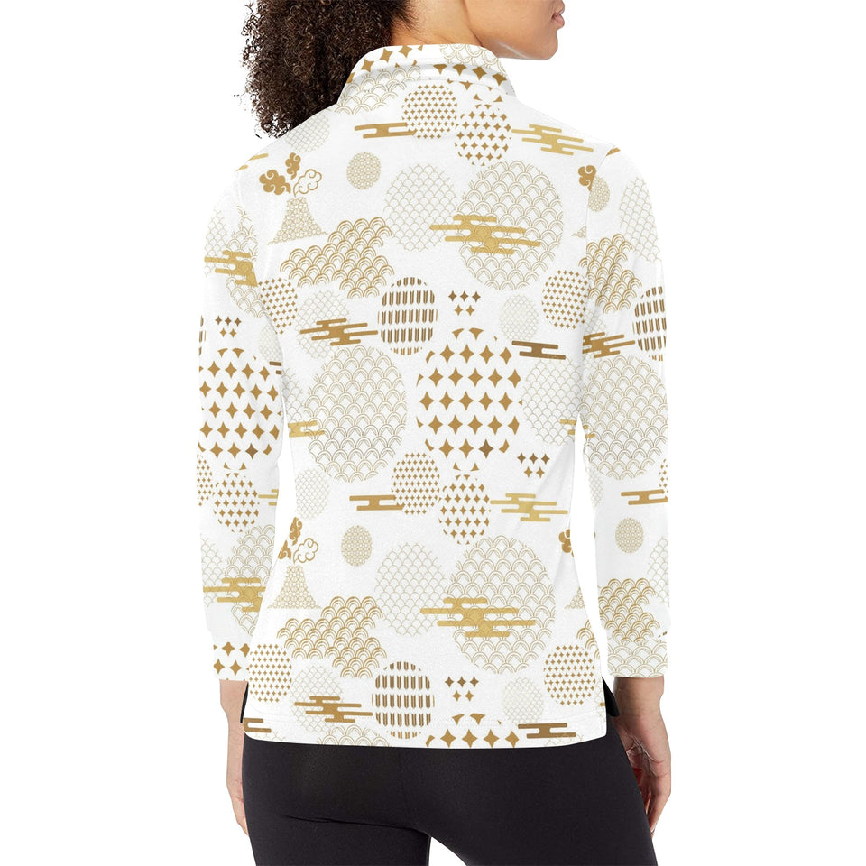 Beautiful gold japanese pattern Women's Long Sleeve Polo Shirt