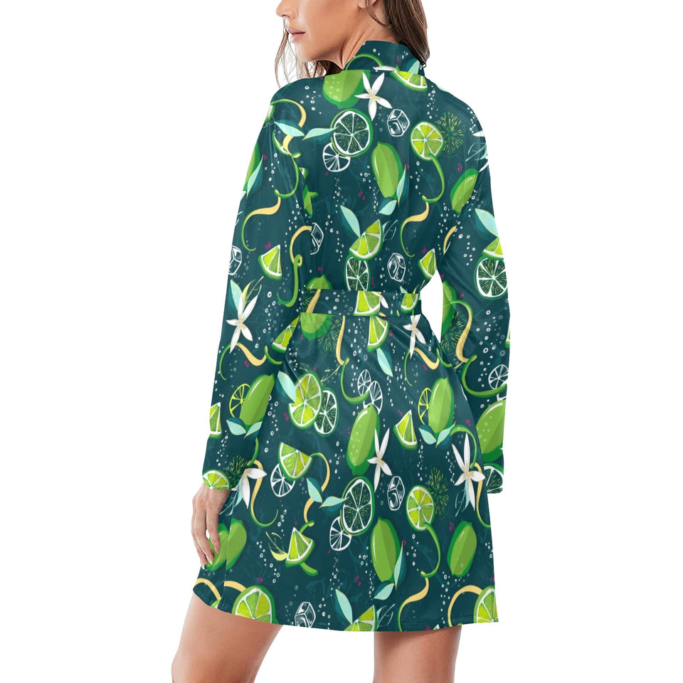 Lime ice flower pattern Women's Long Sleeve Belted Night Robe