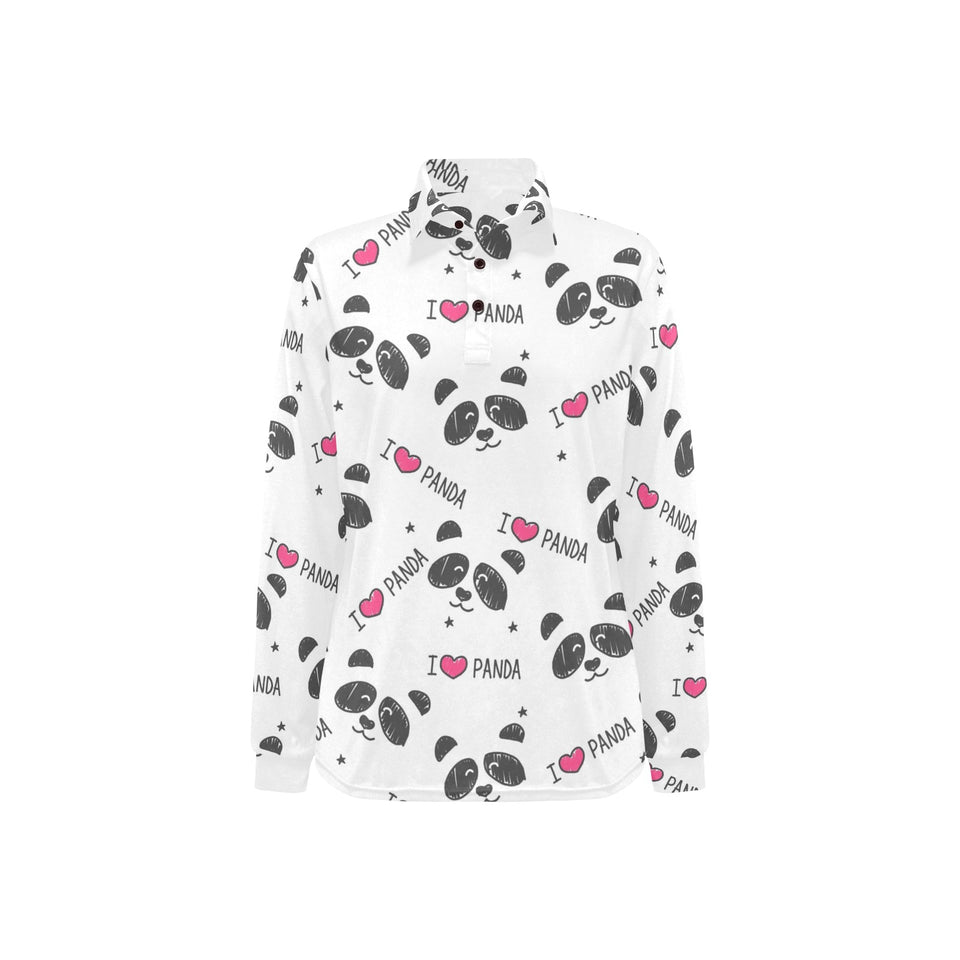 Hand Drawn faces of pandas pattern Women's Long Sleeve Polo Shirt