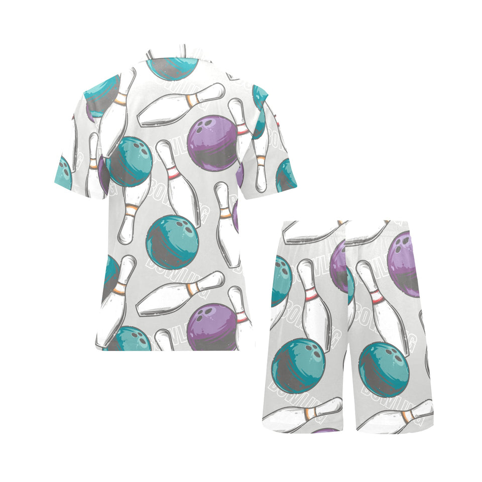 Bowling ball and pin gray background Men's V-Neck Short Pajama Set