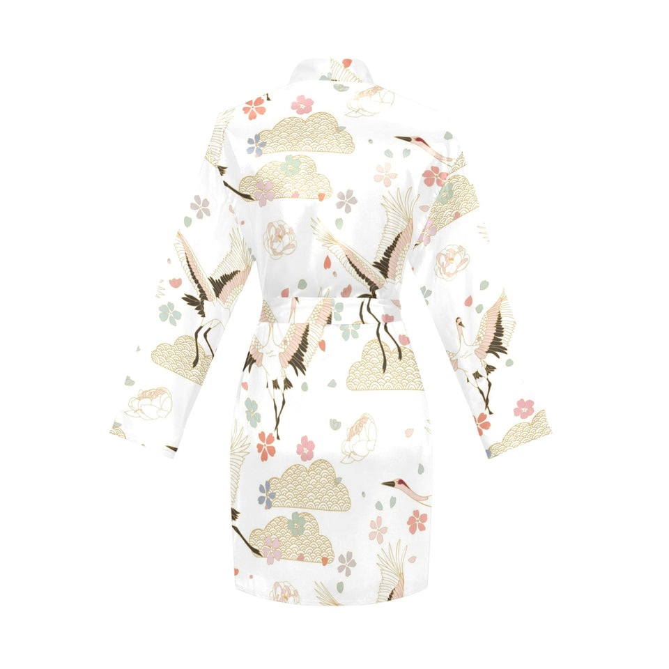 Beautiful Japanese cranes pattern Women's Long Sleeve Belted Night Robe