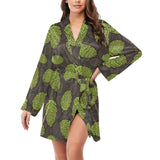 Hop pattern black background Women's Long Sleeve Belted Night Robe