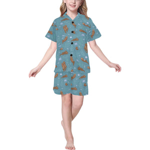 Sea otters pattern Kids' Boys' Girls' V-Neck Short Pajama Set