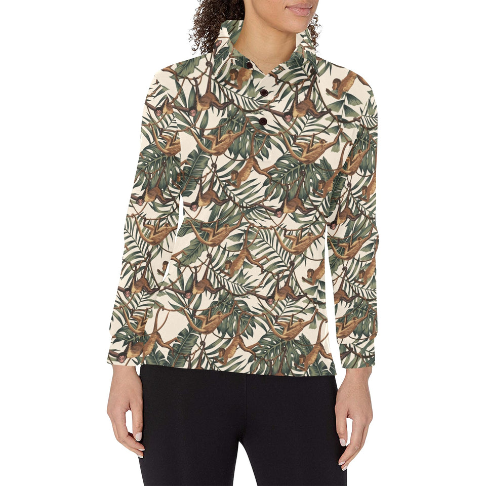 Monkey tropical leaves background Women's Long Sleeve Polo Shirt