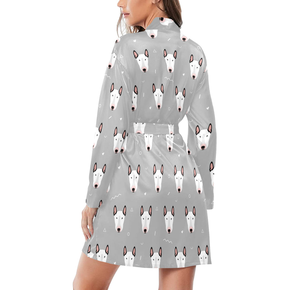 Bull Terrier Pattern Print Design 05 Women's Long Sleeve Belted Night Robe