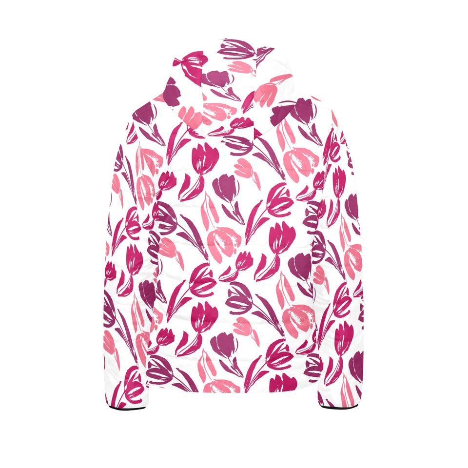 pink sketch tulip pattern Kids' Boys' Girls' Padded Hooded Jacket
