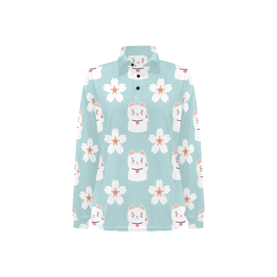 Maneki neko cat sakura Women's Long Sleeve Polo Shirt