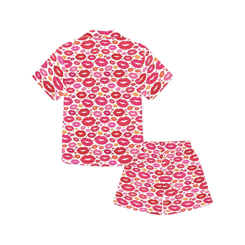 Lips Pattern Print Design 01 Kids' Boys' Girls' V-Neck Short Pajama Set