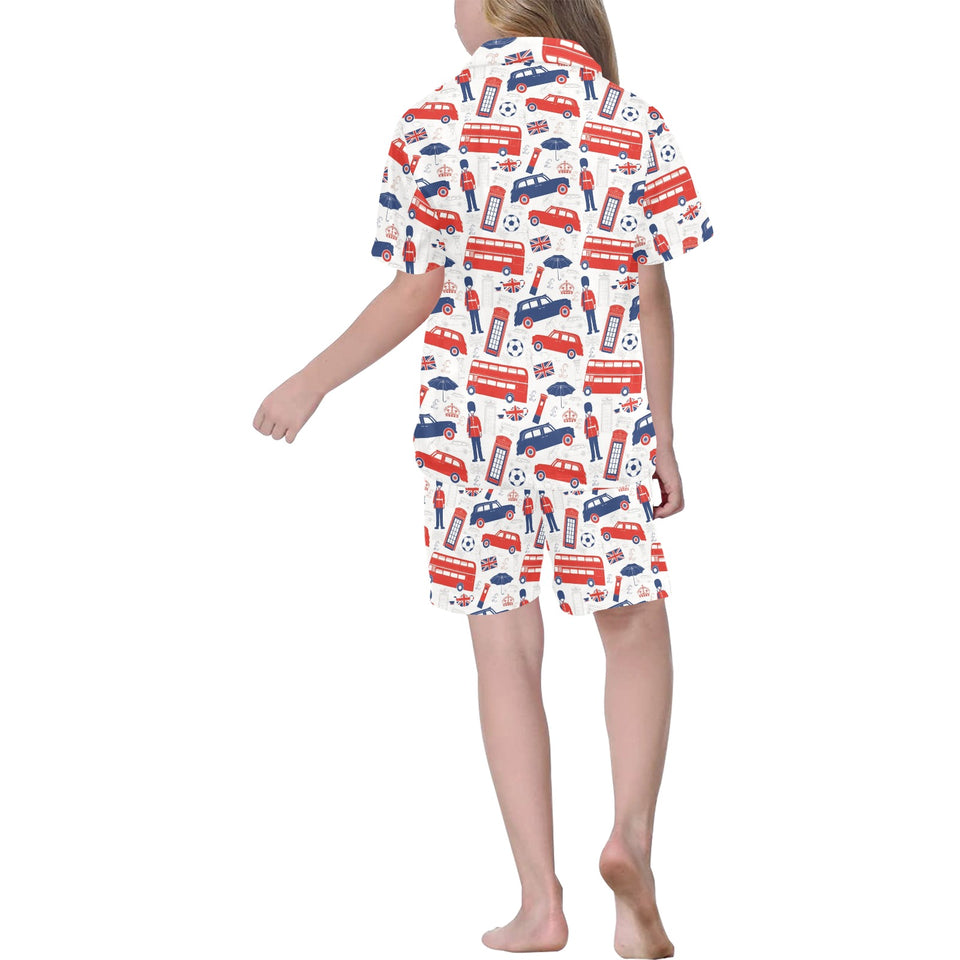 British Pattern Print Design 03 Kids' Boys' Girls' V-Neck Short Pajama Set