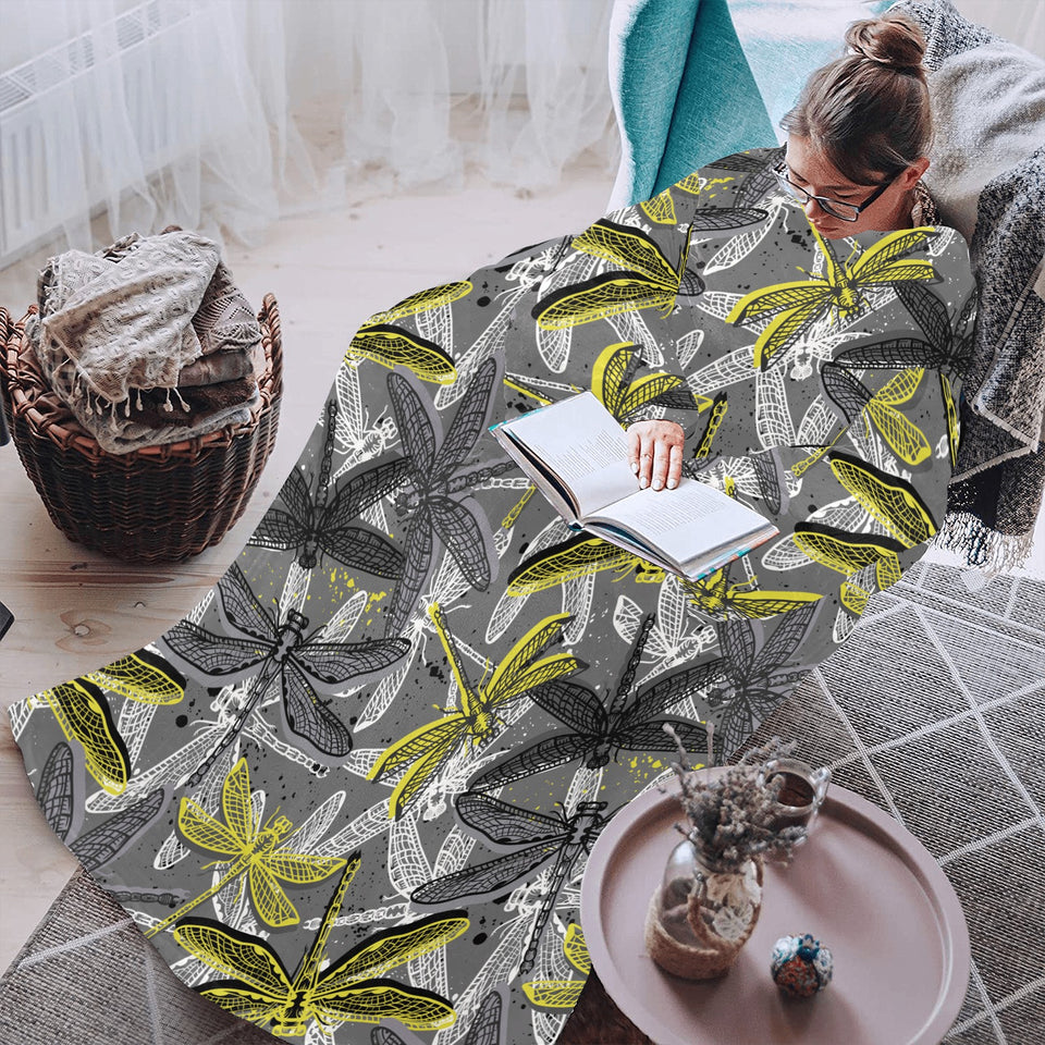 Hand drawn dragonfly pattern Blanket Robe with Sleeves