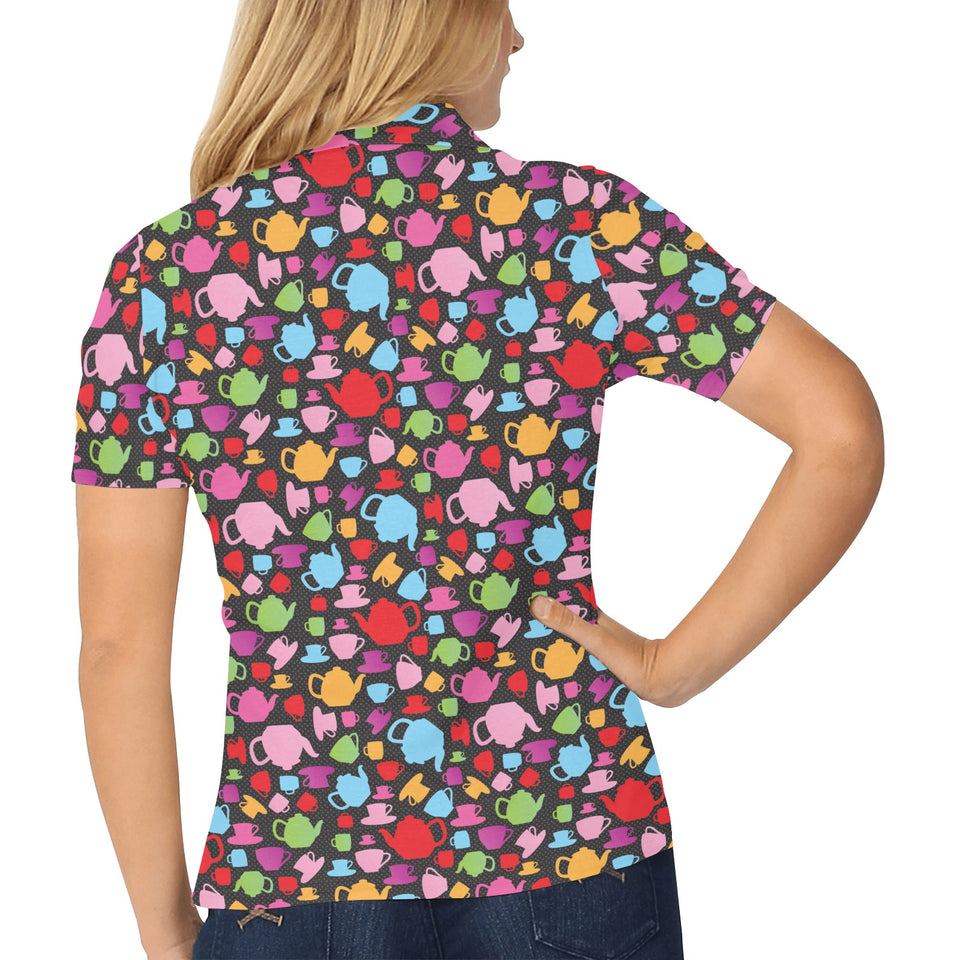 Tea pots Pattern Print Design 01 Women's All Over Print Polo Shirt