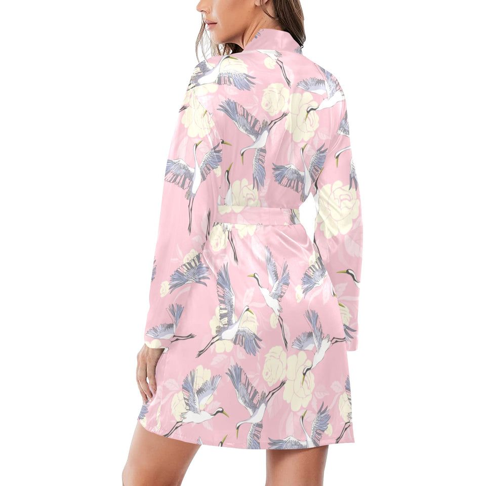 Japanese crane rose pattern Women's Long Sleeve Belted Night Robe