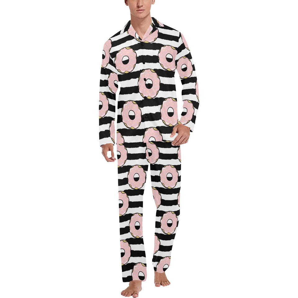 Donuts pink icing striped pattern Men's Long Pajama Set
