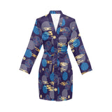 Blue japanese pattern cloud wave flower Women's Long Sleeve Belted Night Robe