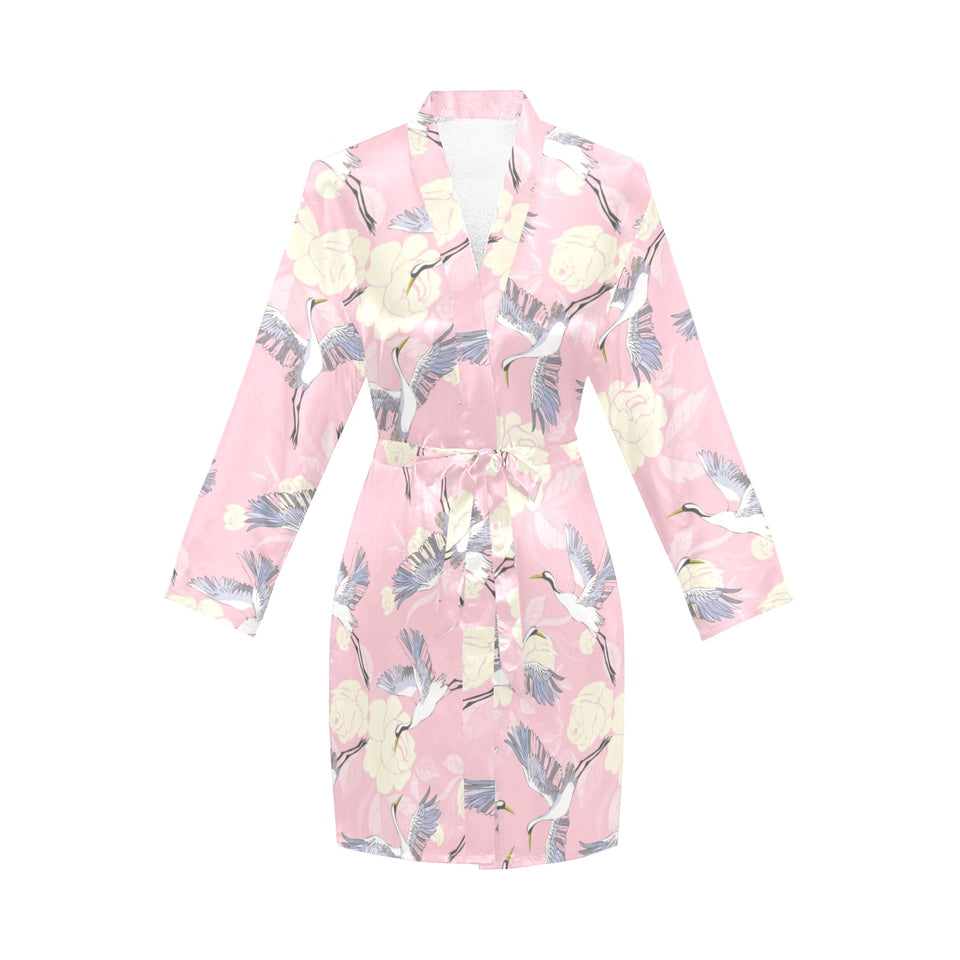 Japanese crane rose pattern Women's Long Sleeve Belted Night Robe